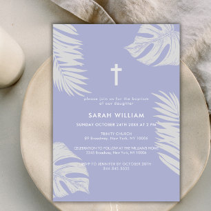 Elegant Purple Boho Leaves Cross Baptism Invitation
