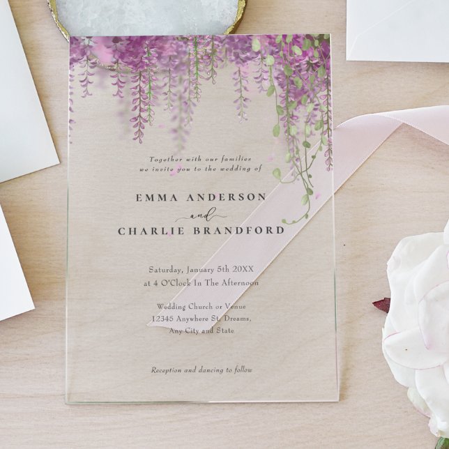 Elegant Purple Botanical flowers Script Wedding Acrylic Invitations (Creator Uploaded)