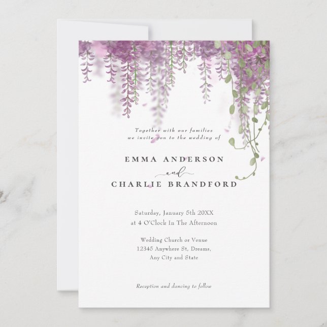 Elegant Purple Botanical flowers Script Wedding Invitation (Front)