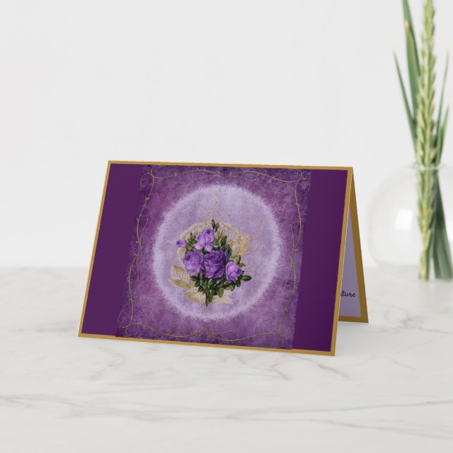 Elegant Purple Bouquet Gold Border Card (Front)