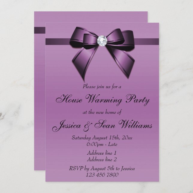 Elegant Purple Bow House Warming Party Invitation (Front/Back)