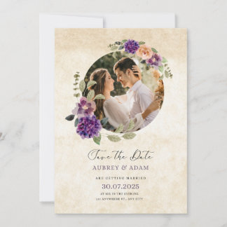 Elegant Purple & Brown Rustic Floral Wedding. Invitation