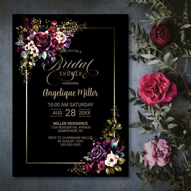 Elegant Purple Burgundy Floral Black Bridal Shower Invitation (Creator Uploaded)