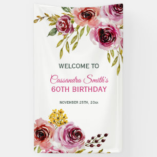 Elegant Purple Burgundy Rose Floral Birthday  Banner