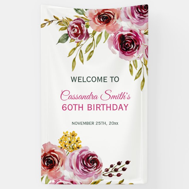 Elegant Purple Burgundy Rose Floral Birthday  Banner (Vertical)