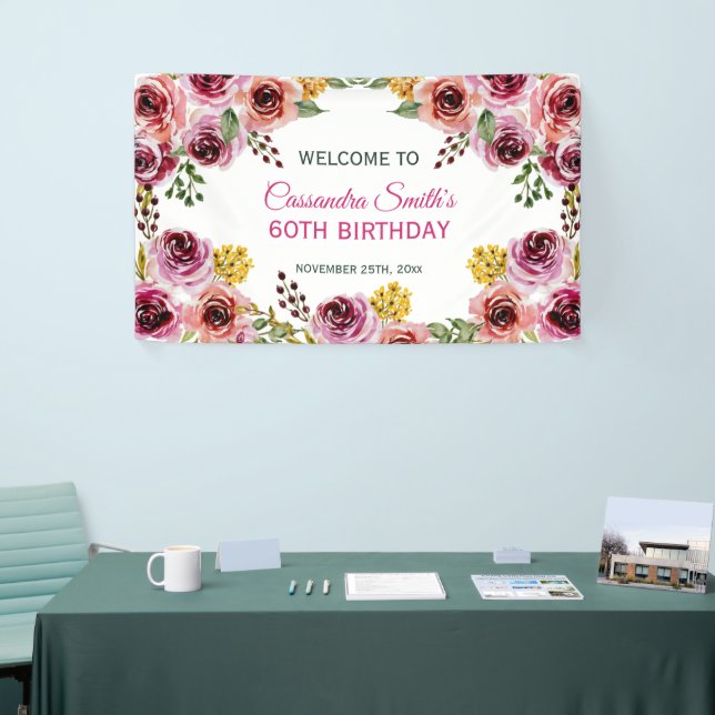 Elegant Purple Burgundy Rose Greenery Birthday  Banner (Tradeshow)