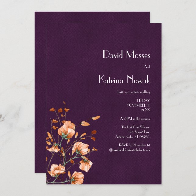 Elegant Purple Burnt Orange Florals Fall Wedding Invitation (Front/Back)