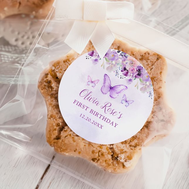 Elegant Purple Butterfly 1st Birthday Party Classic Round Sticker (Creator Uploaded)