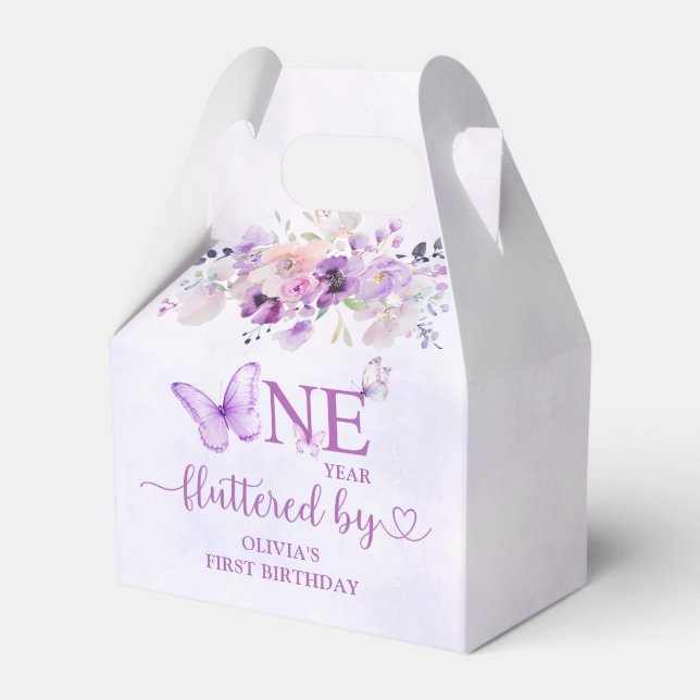 Elegant Purple Butterfly 1st Birthday Party Favour Box (Front Side)