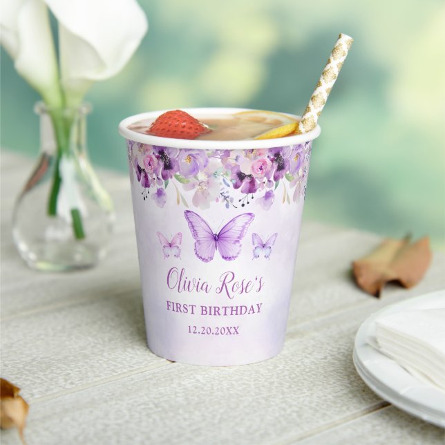 Elegant Purple Butterfly 1st Birthday Party Paper Cups (Insitu)
