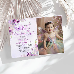 Elegant Purple Butterfly 1st Birthday Party Photo Invitation