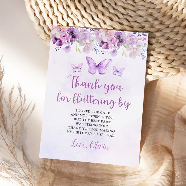 Elegant Purple Butterfly 1st Birthday Party Thank You Card (Creator Uploaded)