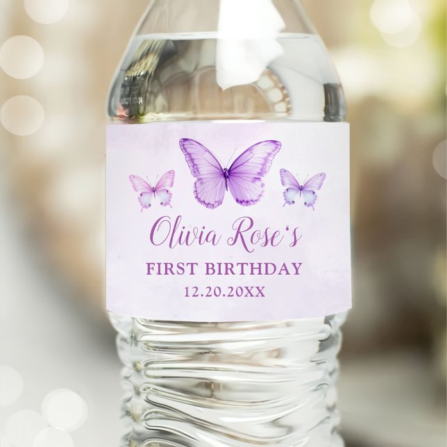 Elegant Purple Butterfly 1st Birthday Party Water Bottle Label (Creator Uploaded)