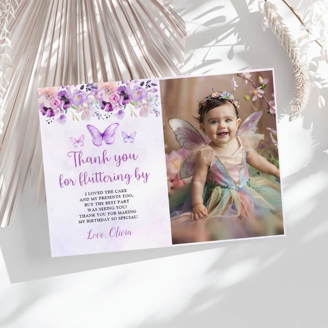 Elegant Purple Butterfly 1st Birthday Photo Thank You Card (Creator Uploaded)