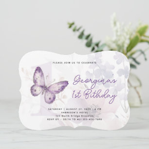 Elegant Purple Butterfly Floral First Birthday Invitation