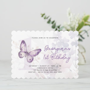 Elegant Purple Butterfly Floral First Birthday Invitation