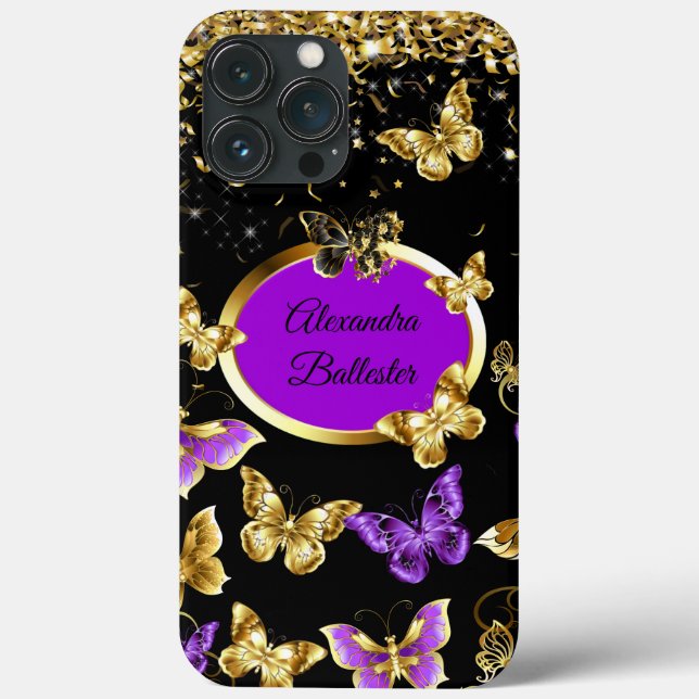 Elegant Purple Butterfly Gold Confetti Black  Case-Mate iPhone Case (Back)