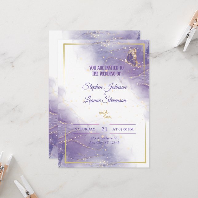 Elegant Purple Butterfly Golden Wedding Invitation (Front/Back In Situ)