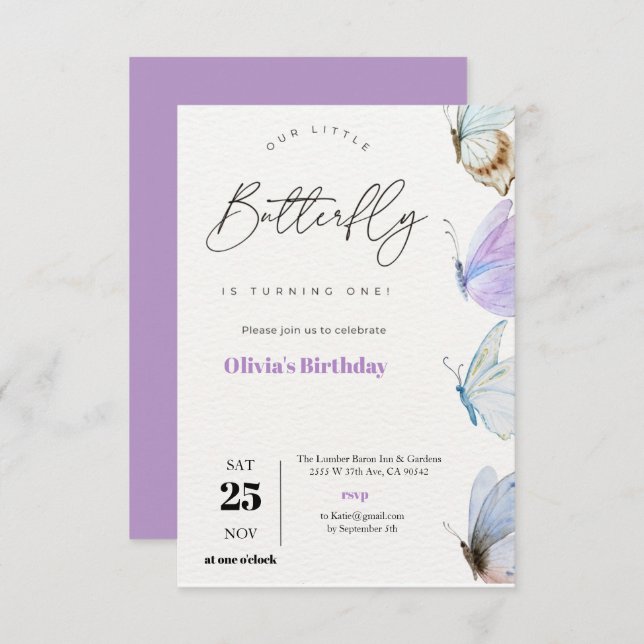 Elegant Purple Butterfly is Turning One Birthday Invitation (Front/Back)