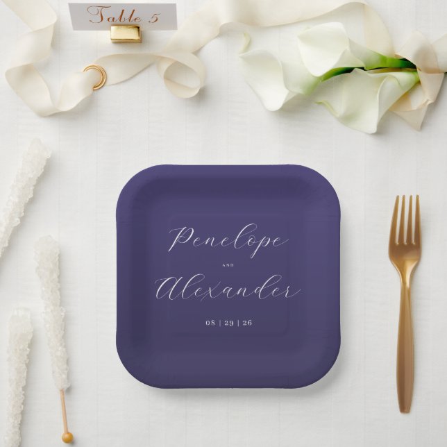 Elegant Purple Calligraphy Paper Plate (Wedding)