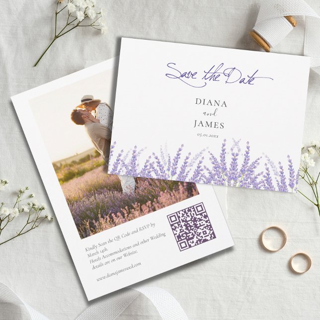 Elegant Purple Calligraphy QR Code Photo Wedding Save The Date (Elegant Purple Calligraphy QR Code Photo Save The Date card)