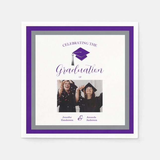 Elegant purple caps graduation  2 photo  napkin (Front)