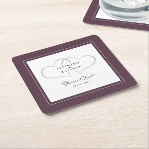 Elegant Purple Cassis Wedding Hearts Forever Love Square Paper Coaster