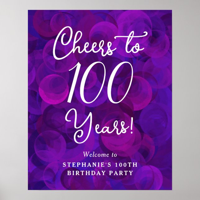 Elegant Purple Cheers to 100 Years 100th Birthday Poster (Front)