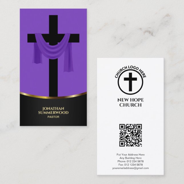 Elegant Purple Christian Pastor Cross & QR Code Business Card (Front/Back)