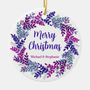 Elegant Purple Christmas Wreath Ceramic Ornament