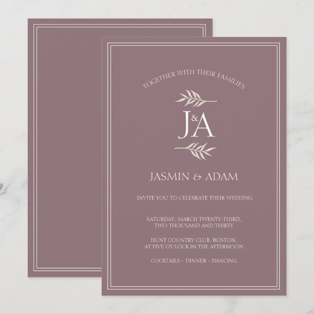 Elegant Purple Classic Initials Formal Wedding Invitation (Front/Back)