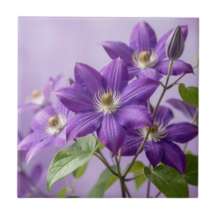 Elegant Purple Clematis Floral Bloom Ceramic Tile