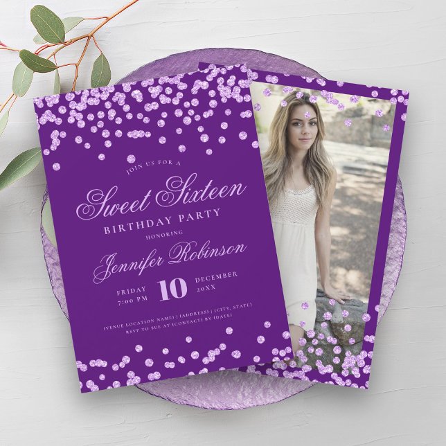 Elegant Purple Confetti Photo Sweet 16   Invitation (Elegant Purple Confetti Photo Sweet 16 Invitation)