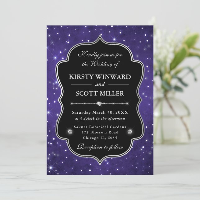 Elegant purple constellation frame Wedding Invitation (Standing Front)
