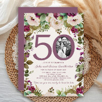 Elegant Purple Cream Floral Photo 50th Anniversary
