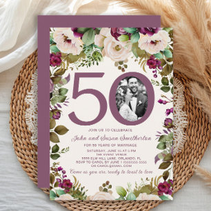Elegant Purple Cream Floral Photo 50th Anniversary Invitation