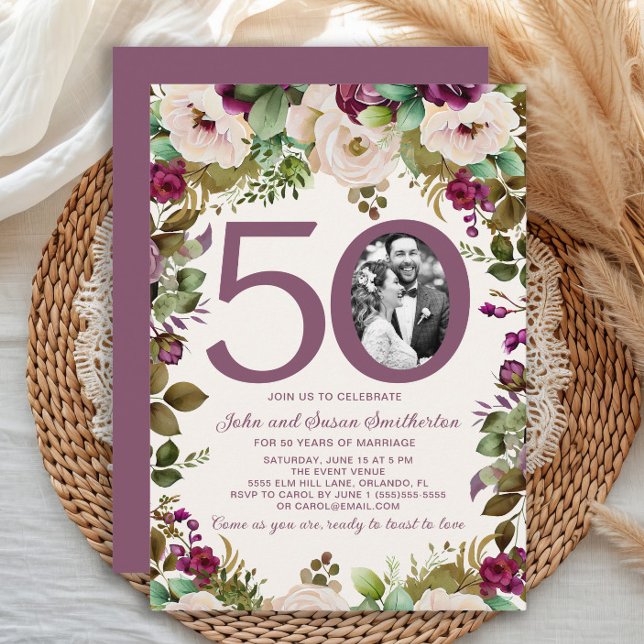 Elegant Purple Cream Floral Photo 50th Anniversary Invitation (Elegant purple and cream-colored watercolor floral 50th wedding anniversary photo invitation)