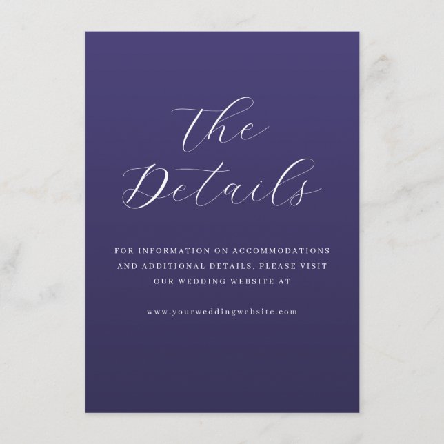 Elegant Purple Cursive Wedding Details Card (Front)