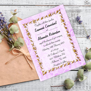 Elegant Purple Damask and Gold Wedding Postcard