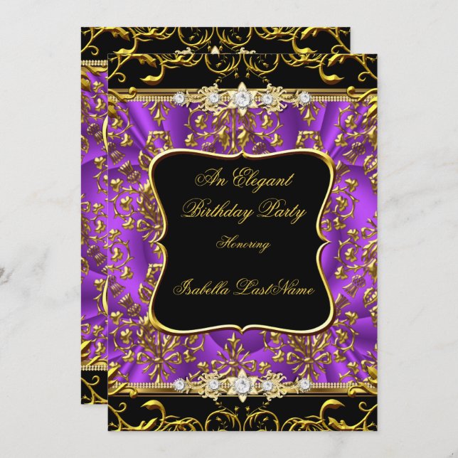 Elegant Purple Damask Black Gold Birthday Party Invitation (Front/Back)