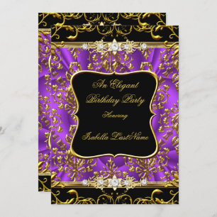 Elegant Purple Damask Black Gold Birthday Party Invitation