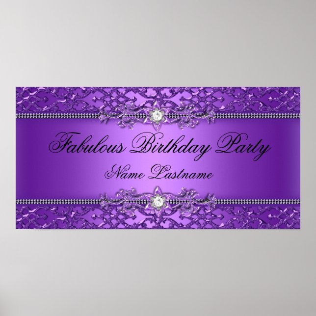 Elegant Purple Damask Embossed Birthday Banner Poster (Front)