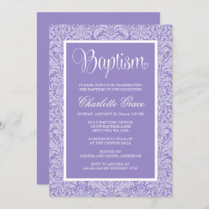 Elegant Purple Damask Girl Baptism Christening Invitation
