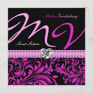 Elegant Purple Damask Monogram Sweet Sixteen Invitation