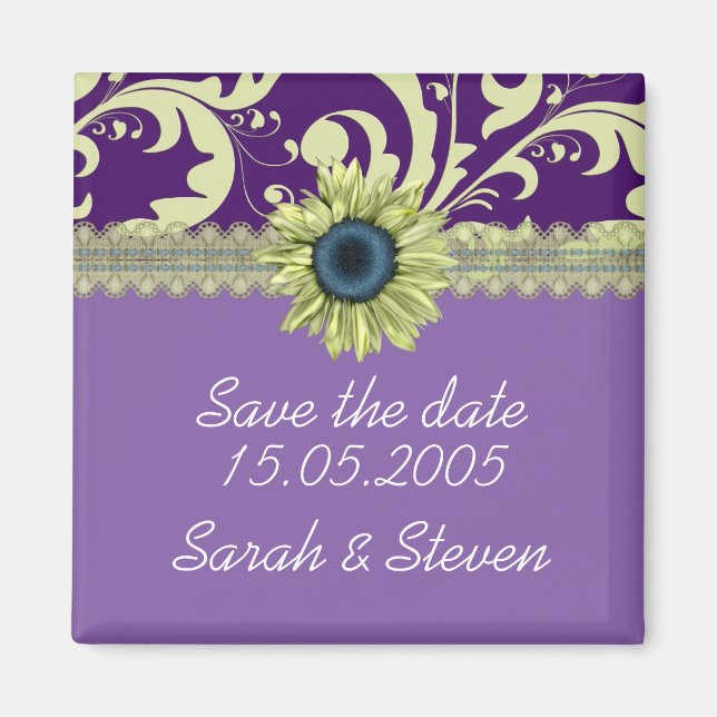 Elegant Purple Damask Sunflower Save the date Magnet (Front)