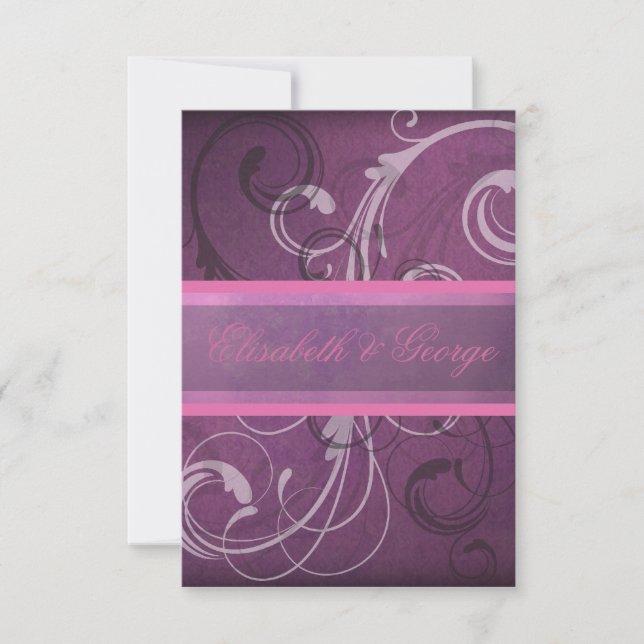 Elegant Purple Damask Swirls RSVP Response Cards (Front)