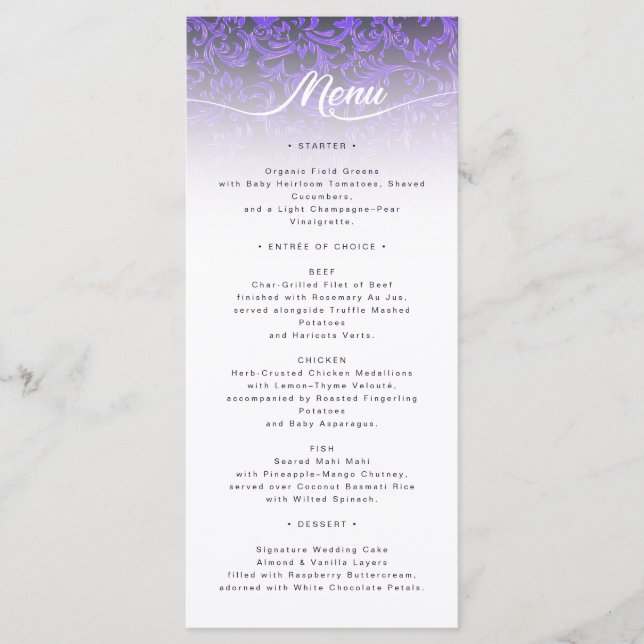 Elegant Purple Damask Wedding Menu Card (Front)
