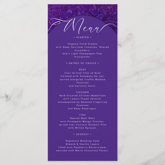 Elegant Purple Damask Wedding Menu Card (Front)