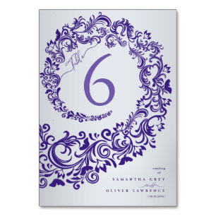 Elegant Purple Damask Wedding Table Number Card