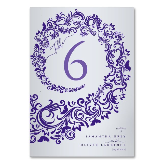 Elegant Purple Damask Wedding Table Number Card (Front)